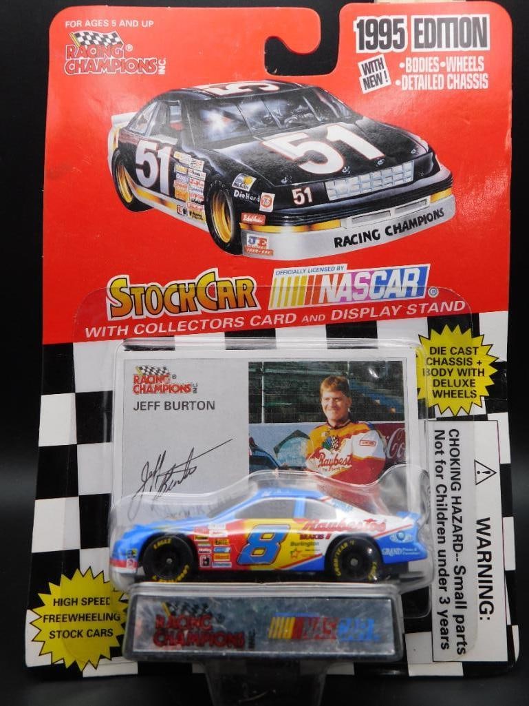 1995 Stock Car NASCAR Die-Cast with Jeff Burton Card: 1995 Edition Stock Car NASCAR collectible featuring a die-cast car and a collector's card depicting Jeff Burton. Includes original packaging with clear branding and details about the item. Packaging h