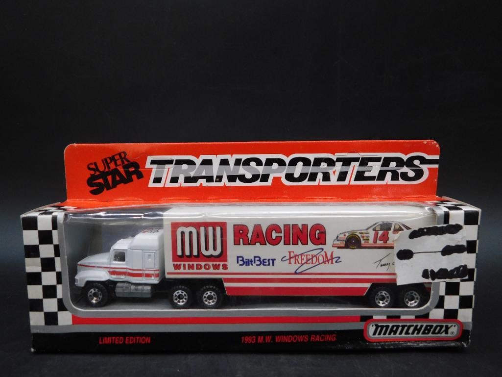 1993 Matchbox MW Windows Racing Transporter, Limited Edition: This is a 1993 Matchbox MW Windows Racing Transporter, part of the Super Star Transporters series. It features a white truck and trailer with MW Windows Racing themed decals, including logos and a rac