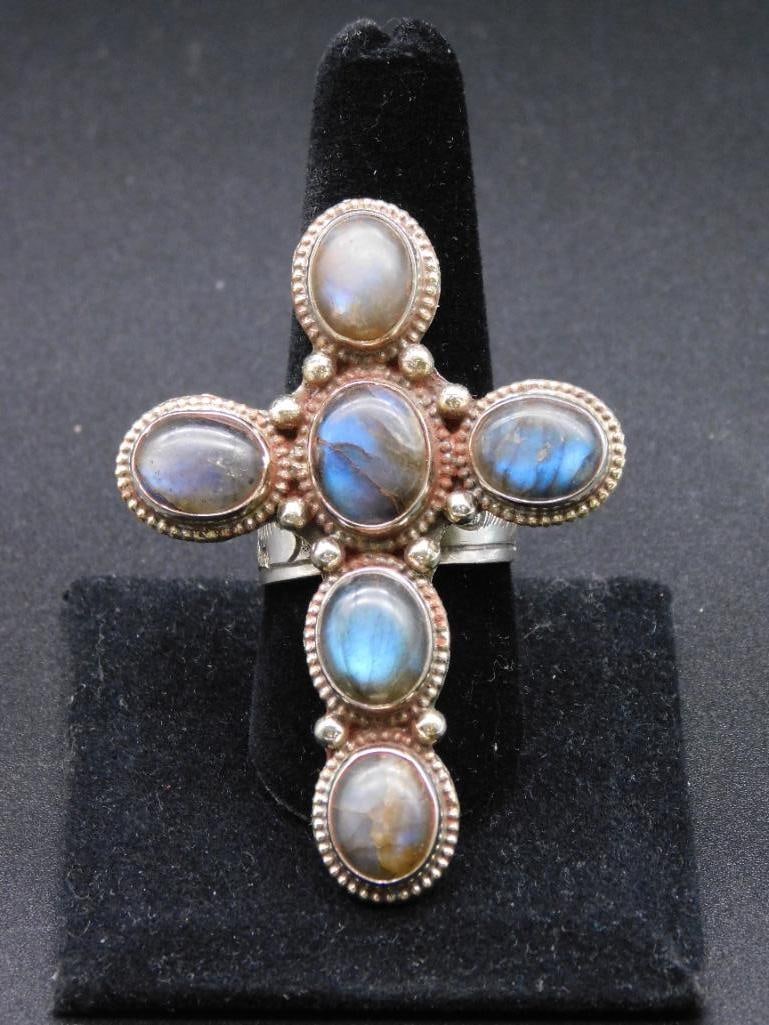 LABRADORITE CROSS ADJUSTABLE RING ROCK STONE LAPIDARY SPECIMEN: LABRADORITE CROSS ADJUSTABLE RING ROCK STONE LAPIDARY SPECIMEN