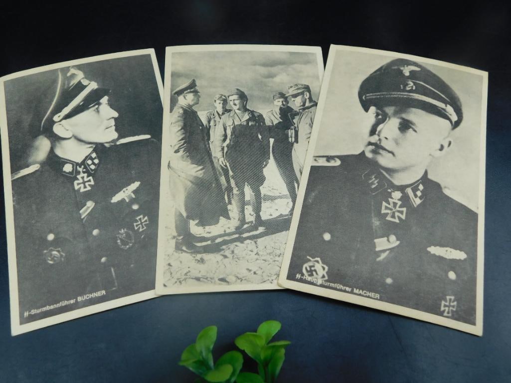 Three Black-and-White German Military Postcards: - Lot includes three black-and-white postcards featuring German military personnel. | - Postcards appear to depict individuals in military attire with visible decorations and insignias. | - Reverse si