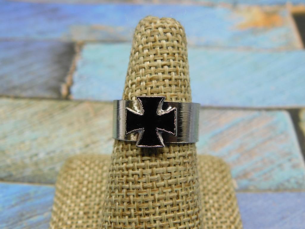 Black Cross Ring, Size 7: Ring featuring a bold black cross design on the front. | - Size 7, suitable for smaller fingers or as a pinky ring. | - Constructed from durable and tarnish-resistant stainless steel material. | - Sim