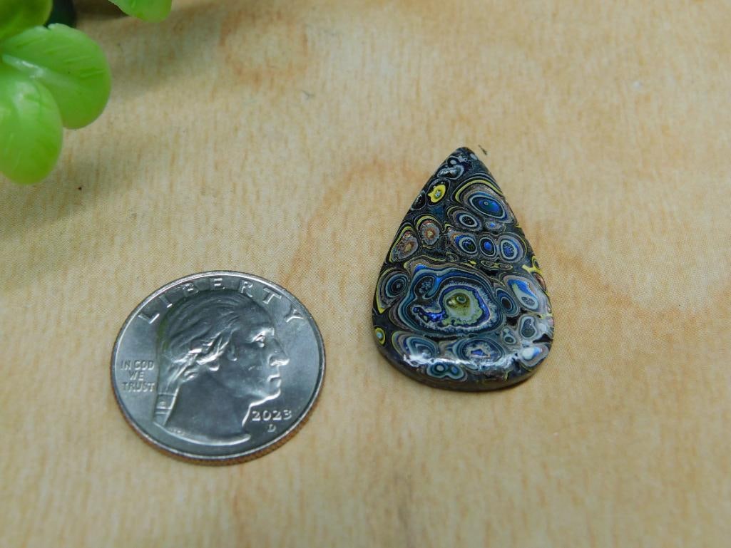 Fordite Motor City Agate Rock Stone Lapidary Specimen: - Material: Fordite, also known as Detroit Agate, displaying layers of vibrant colors. | - Shape: Teardrop cabochon with smooth, polished surface. | - Approximate size visible next to a standard ruler