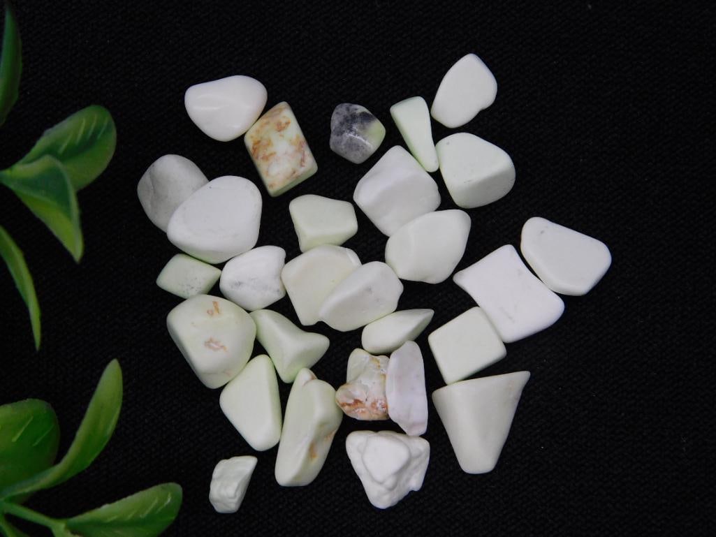 Lemon Chrysoprase Gemstones, 12 Grams Rock Stone Lapidary Specimen: - Collection of polished Lemon Chrysoprase gemstones. | - Total weight of approximately 12 grams. | - Includes a variety of small, tumbled stones in light green and white hues. | - Suitable for collec