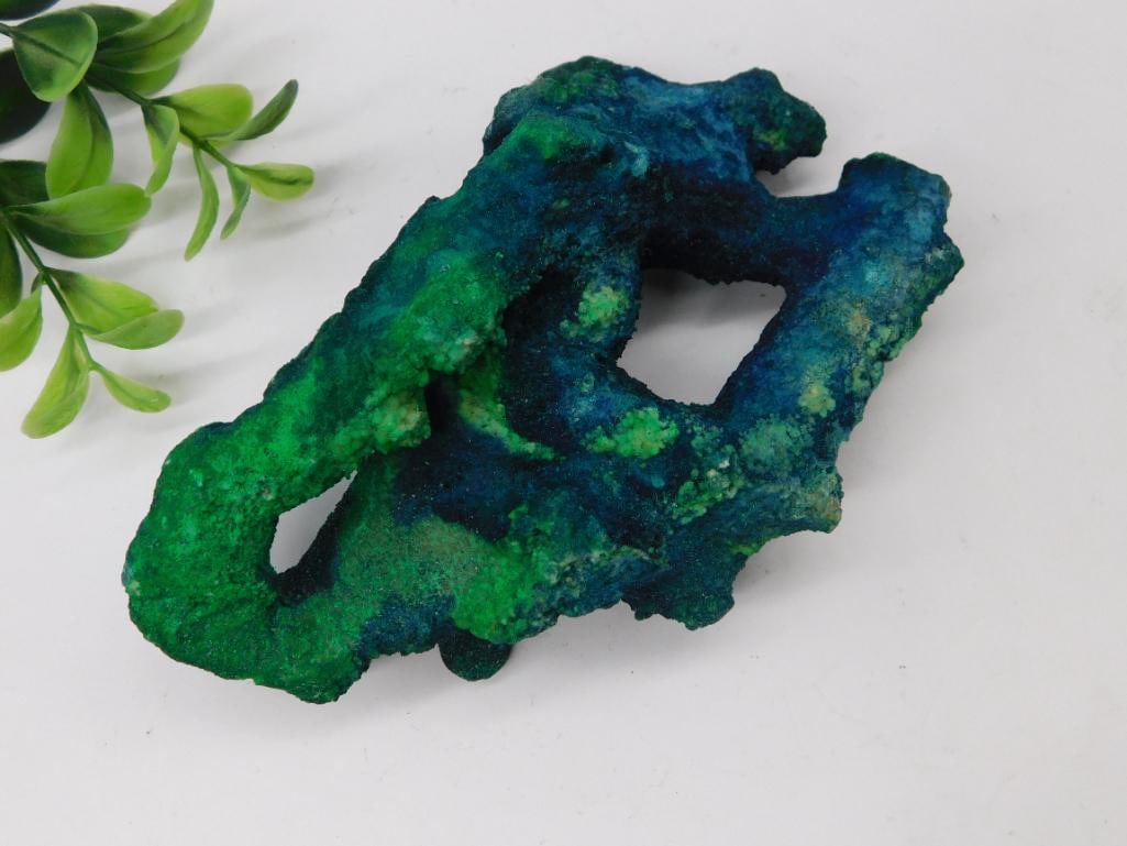 Malachite and Azurite Mineral Specimen Rock Stone Lapidary Specimen: - Natural mineral specimen featuring vibrant green and blue hues attributed to malachite and azurite. | - Unique shape with open formations, adding an organic aesthetic. | - Approximate weight: 202 gr