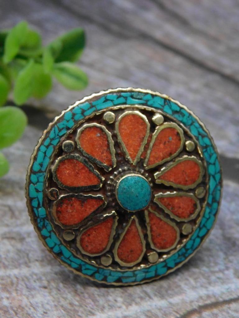 Vintage Mosaic Ring With Turquoise and Red Coral: - Vintage circular ring featuring an orange and blue floral mosaic design. | - Materials include a combination of metal and colored inlays, potentially turquoise and coral. | - Adjustable metal band e