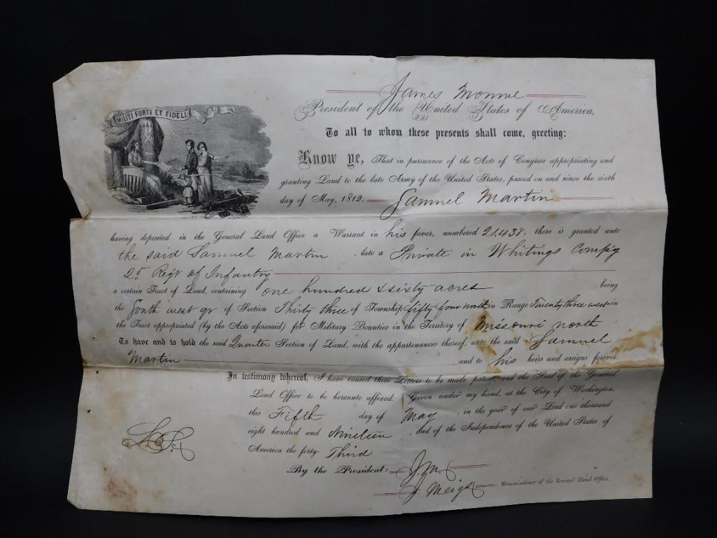 James Monroe-Signed Land Grant Document, 1820: - Official land grant document signed by President James Monroe dated May 1820. | - Awarded to Samuel Martin, a private in Whiting's Company, for military service. | - Allocates 160 acres in the Misso