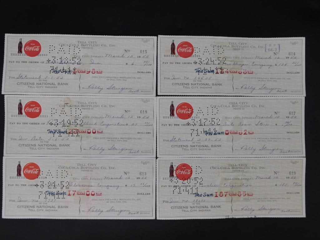 6 Vintage Coca-Cola Bottling Co. Checks, 1952: - Lot includes six checks issued by Tell City Coca-Cola Bottling Co., Inc. | - Dated March 12, 1952, and drawn on Citizens National Bank, Tell City, Indiana. | - Features Coca-Cola branding and a prin