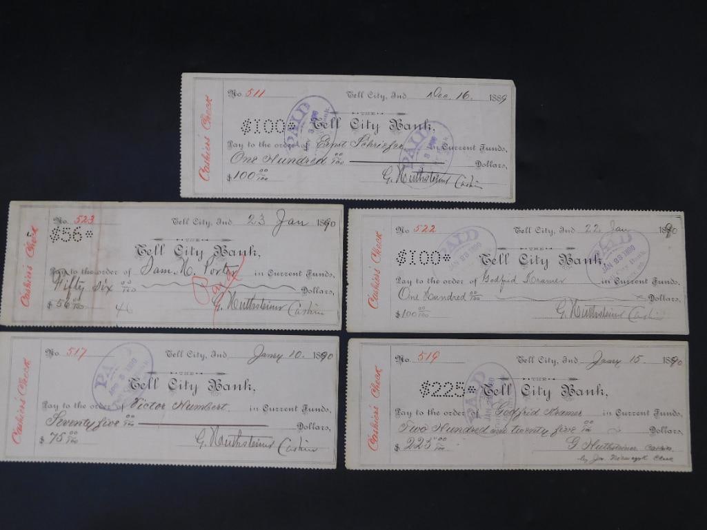 5 1890s Tell City Bank Cancelled Checks: - Includes five original cancelled checks issued by Tell City Bank in 1890. | - Checks are addressed to 'Godfried Kramer,' with varying amounts including $100 and $225. | - Marked with cancellation pu