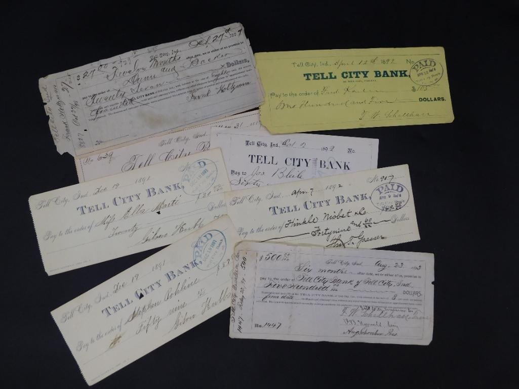 1890s Tell City Bank Promissory Notes: - Includes a collection of promissory notes from the Tell City Bank in Tell City, Indiana. | - Dates range from 1891 to 1893, with varying monetary values documented. | - Documents include hand-writte
