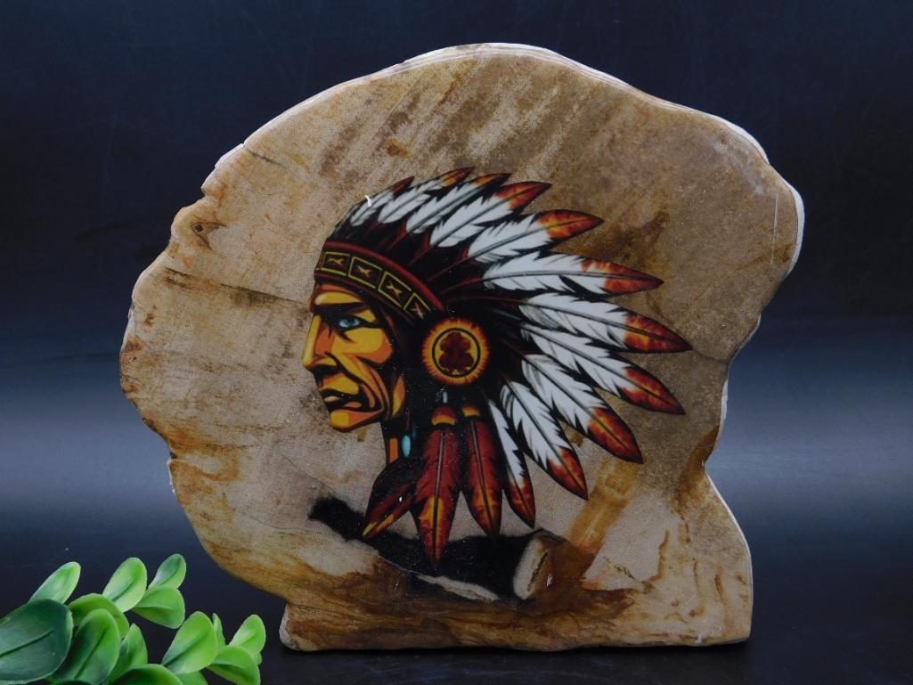 PETRIFIED WOOD SLAB WITH CHIEF ROCK STONE LAPIDARY SPECIMEN: PETRIFIED WOOD SLAB WITH CHIEF ROCK STONE LAPIDARY SPECIMEN