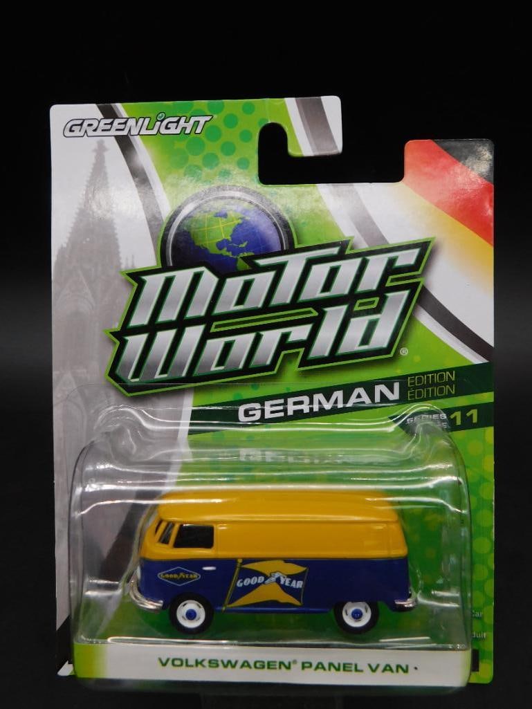GreenLight Motor World German Edition Volkswagen Panel Van: GreenLight Motor World German Edition collectible miniaturized toy car. Features a Volkswagen Panel Van design in packaging. The package is sealed and showcases the item inside. The back of the packag