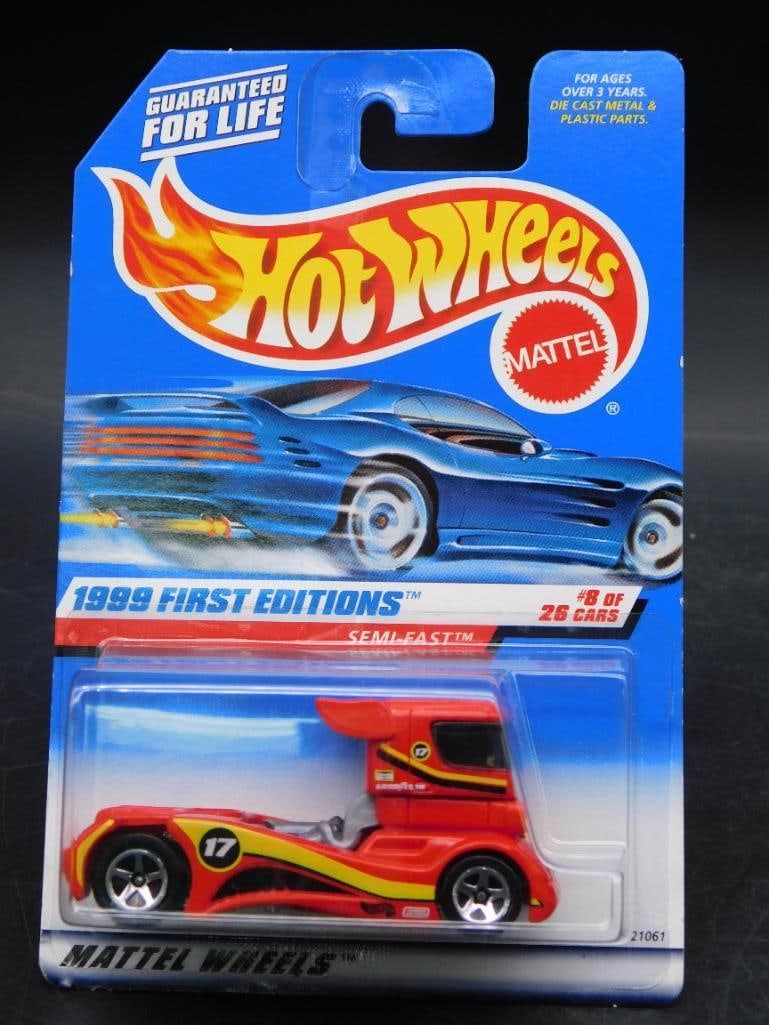 1999 Hot Wheels Semi-Fast First Edition #8/26: This 1999 Hot Wheels First Edition is a Semi-Fast model, numbered #8 of 26 in the release. The package is in good condition and features the Collector #914 designation. The car is sealed in its origin