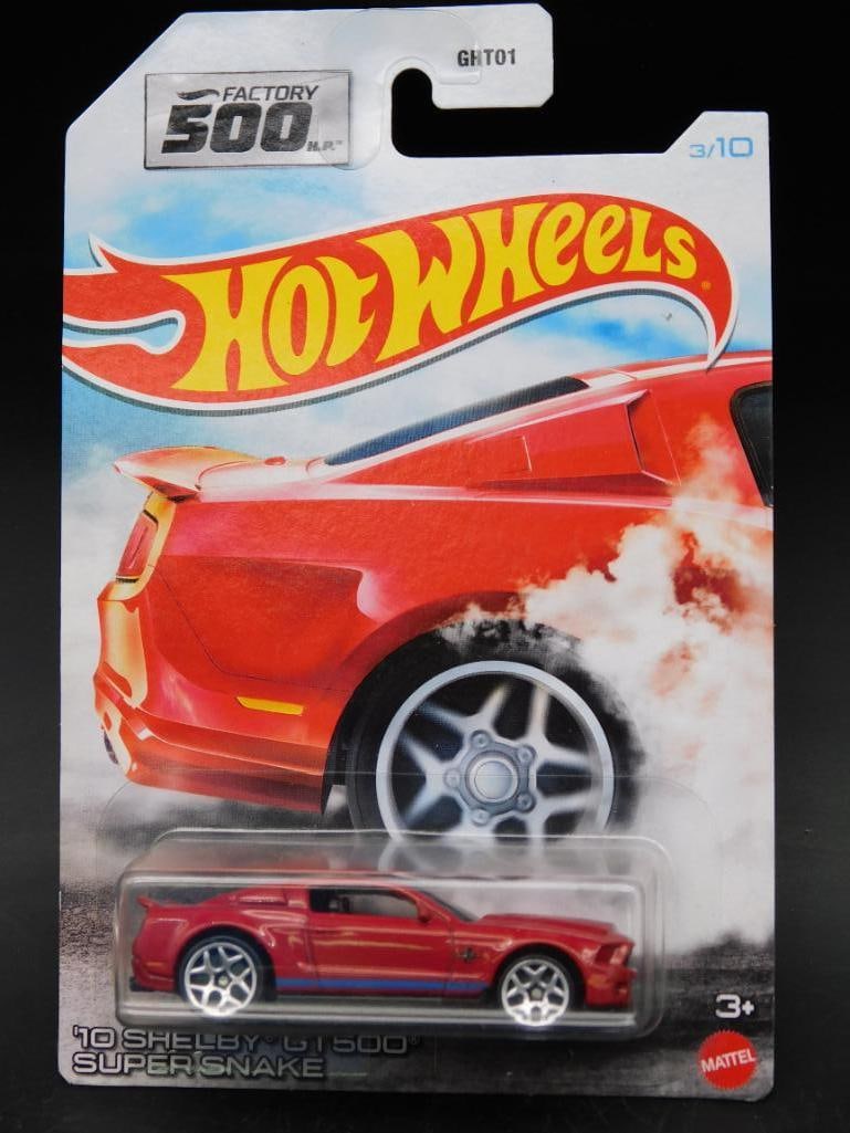 Hot Wheels 10 Shelby GT500 Super Snake Diecast Car: Hot Wheels '10 Shelby GT500 Super Snake diecast car in original packaging. Collector series number 3/10, part of the Factory 500 line. Package includes visual of car and branding. Item is scaled for c
