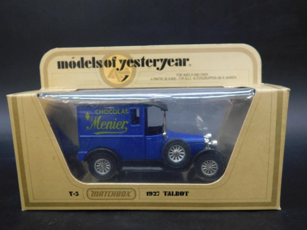 Matchbox Models of Yesteryear 1927 Talbot V3: This Matchbox Models of Yesteryear die-cast model features a 1927 Talbot delivery van with 'Chocolat Menier' livery. The model appears to be in its original packaging, which includes viewing windows a