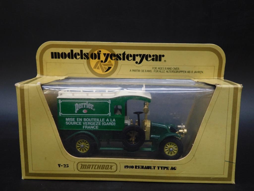 Matchbox Models of Yesteryear 1910 Renault Type AG in Box: Matchbox Models of Yesteryear Y-23 1910 Renault Type AG die-cast model in original packaging. Features Perrier branding and green and white paint scheme. Includes detailed design elements such as gold