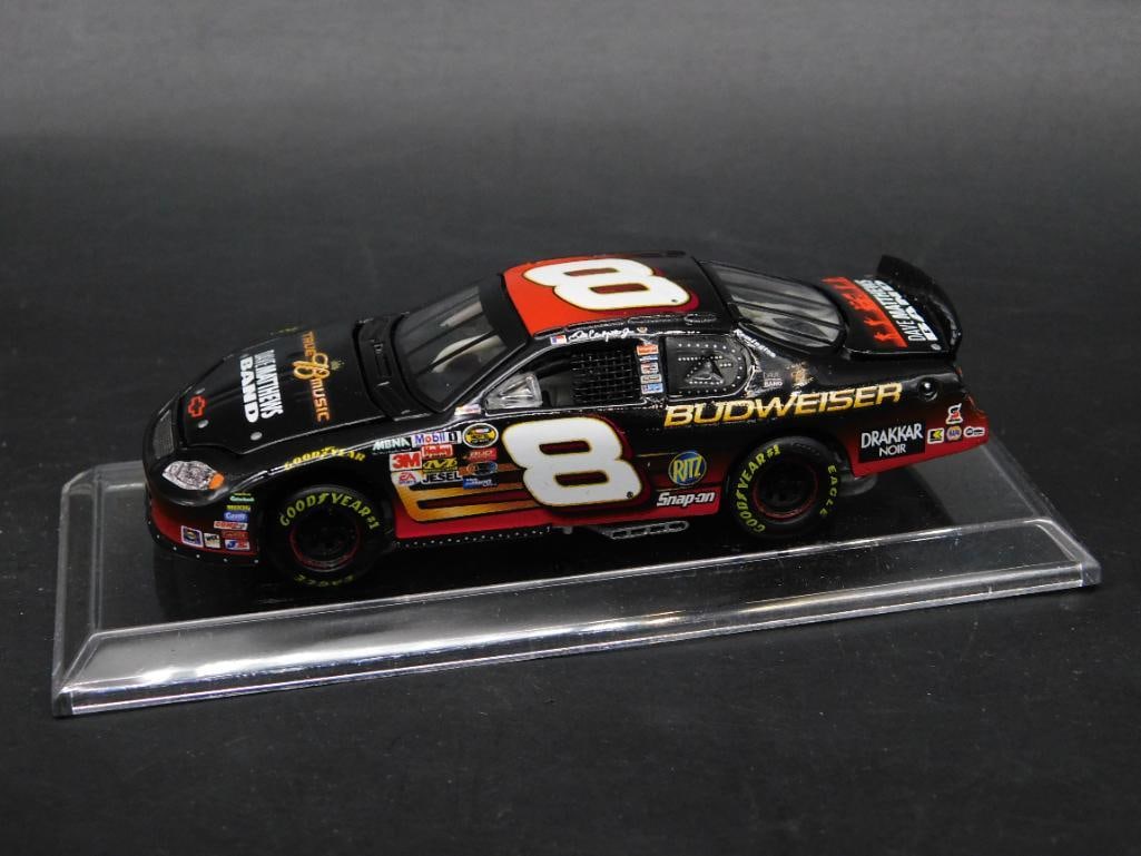 2004 RCCA Elite Budweiser No. 8 Dale Earnhardt Jr. Diecast Car: Action Elite Series 2004 diecast model of No. 8 Budweiser Chevrolet driven by Dale Earnhardt Jr. Features official RCCA Elite branding and includes original box and protective packaging. Mounted to a 