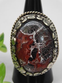 Adjustable Silver-Tone Ring With Red Stone Centerpiece Rock Stone Lapidary Specimen