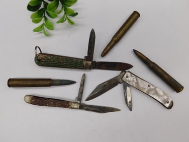 Lot of Folding Pocket Knives and Bullet Casings