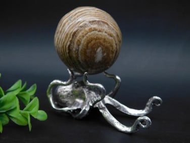 Octopus-Inspired Metal Sculpture With Striped Stone Sphere Rock Stone Lapidary Specimen