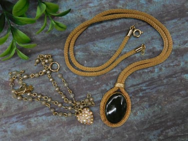 Gold-Tone Necklaces with Green Stone and Rhinestone Pendant