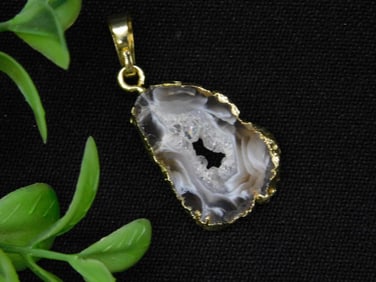 Agate Geode Slice Pendant With Gold-Tone Trim
