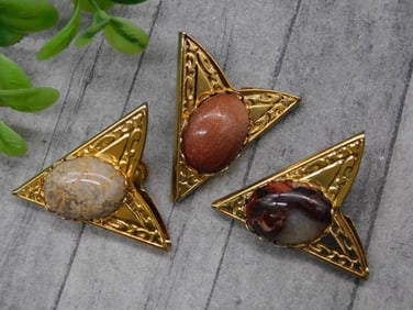 Set of Three Gold-Tone Brooches With Stone Accents