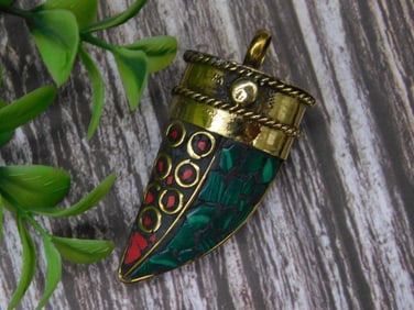 Red Coral and Malachite Mosaic Brass Tribal Pendant