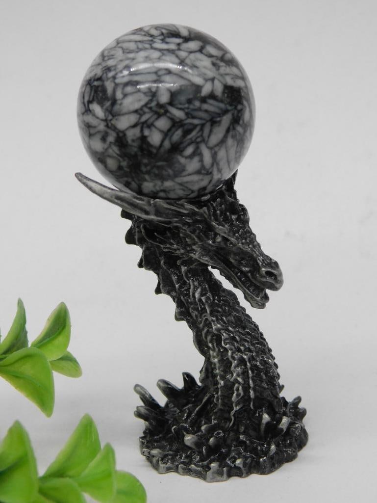 Dragon Figurine with Pinolite Sphere ROCK STONE LAPIDARY SPECIMEN: This item features a dragon figurine crafted from a textured material. The dragon is designed to hold a spherical marble stone inset at the top. The base provides a stable display, and the figurine hi