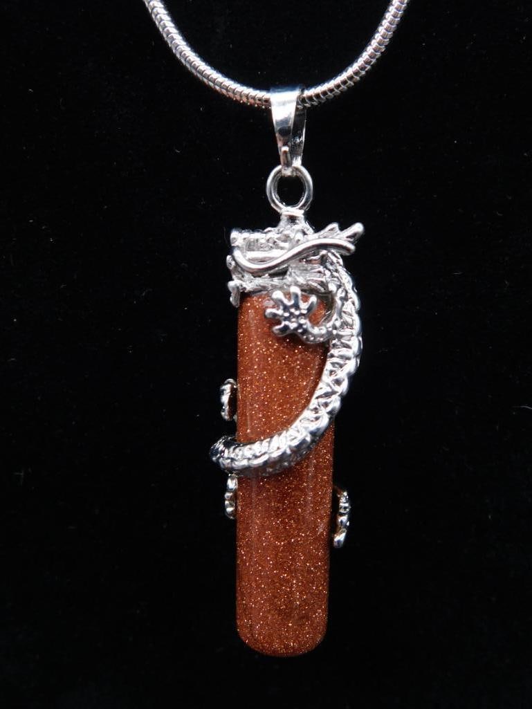 GOLDSTONE DRAGON PENDANT ON CHAIN NECKLACE ROCK STONE LAPIDARY SPECIMEN: GOLDSTONE DRAGON PENDANT ON CHAIN NECKLACE ROCK STONE LAPIDARY SPECIMEN
