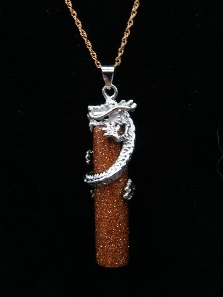 GOLDSTONE DRAGON PENDANT ON GOLD FILLED CHAIN NECKLACE: GOLDSTONE DRAGON PENDANT ON GOLD FILLED CHAIN NECKLACE
