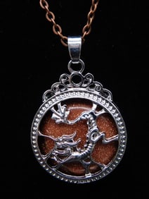 GOLDSTONE DRAGON PENDANT ON CHAIN NECKLACE ROCK STONE LAPIDARY SPECIMEN