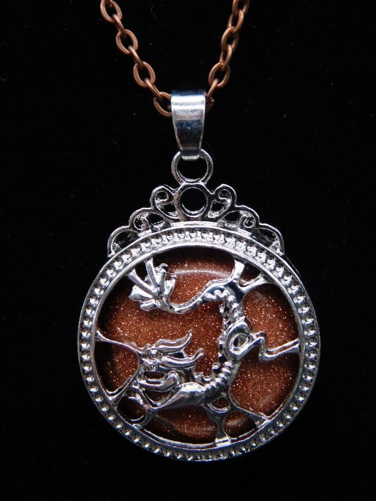 GOLDSTONE DRAGON PENDANT ON CHAIN NECKLACE ROCK STONE LAPIDARY SPECIMEN: GOLDSTONE DRAGON PENDANT ON CHAIN NECKLACE ROCK STONE LAPIDARY SPECIMEN