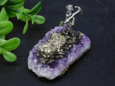 PYRITE MINER ON AMETHYST ROCK STONE LAPIDARY SPECIMEN