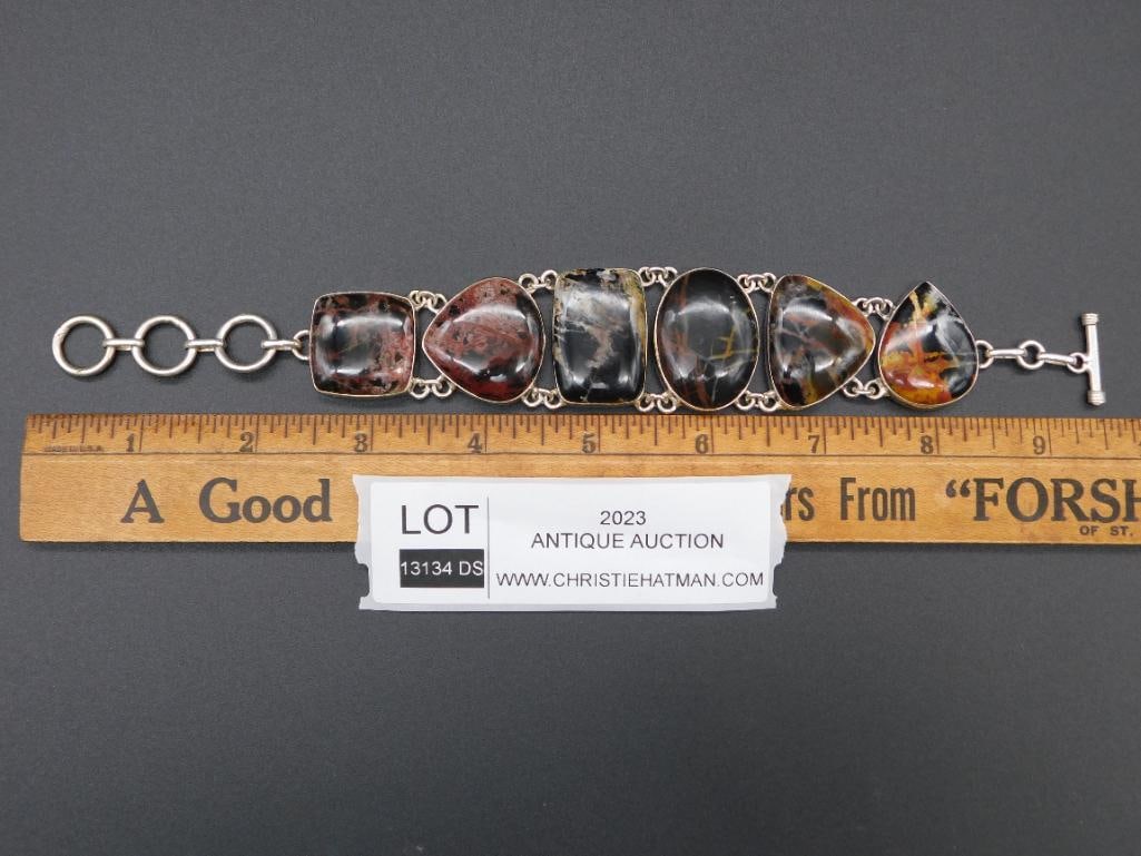 STERLING SILVER STONE PLANK BRACELET VINTAGE ANTIQUE: STERLING SILVER STONE PLANK BRACELET VINTAGE ANTIQUE