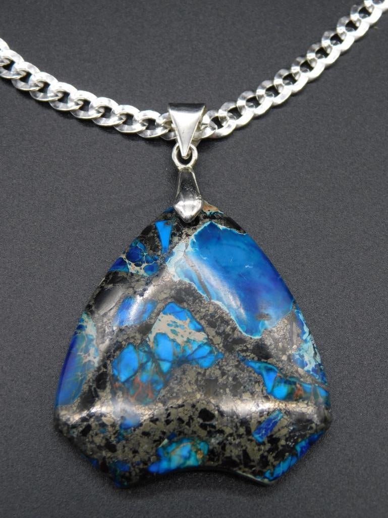 SEA SEDIMENT JASPER PENDANT ON STERLING SILVER CLAT CHAIN VINTAGE ANTIQUE: SEA SEDIMENT JASPER PENDANT ON STERLING SILVER CLAT CHAIN VINTAGE ANTIQUE