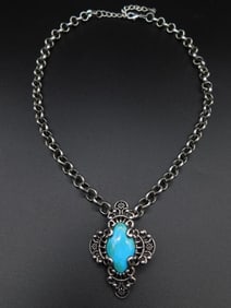 TURQUOISE PENDANT ON CHAIN NECKLACE VINTAGE ANTIQUE