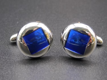 JOSEPH ABBOUND SILVER COLORED ROUND WITH BLUE CUFFLINKS VINTAGE ANTIQUE