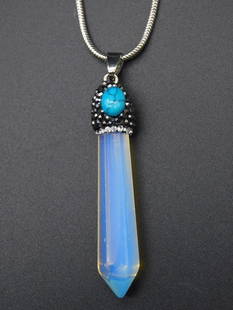 OPALITE AND TURQUOISE PENDANT ON CHAIN NECKLACE VINTAGE ANTIQUE: OPALITE AND TURQUOISE PENDANT ON CHAIN NECKLACE VINTAGE ANTIQUE