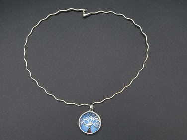 OPALITE TREE OF LIFE PENDANT ON ITALIAN STERLING SILVER CHAIN VINTAGE ANTIQUE