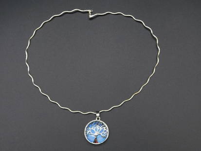 OPALITE TREE OF LIFE PENDANT ON ITALIAN STERLING SILVER CHAIN VINTAGE ANTIQUE: OPALITE TREE OF LIFE PENDANT ON ITALIAN STERLING SILVER CHAIN VINTAGE ANTIQUE