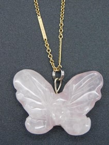 ROSE QUARTZ BUTTERFLY PENDANT ON CHAIN NECKLACE VINTAGE ANTIQUE