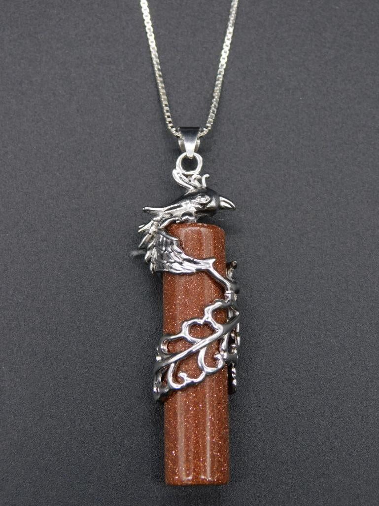 PHOENIX GOLDSTONE PENDANT ON CHAIN NECKLACE VINTAGE ANTIQUE: PHOENIX GOLDSTONE PENDANT ON CHAIN NECKLACE VINTAGE ANTIQUE