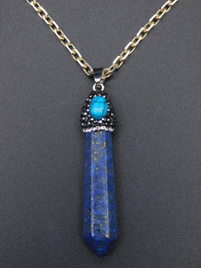 LAPIS AND TURQUOISE PENDANT ON STERLING SILVER CHAIN NECKLACE VINTAGE ANTIQUE: LAPIS AND TURQUOISE PENDANT ON STERLING SILVER CHAIN NECKLACE VINTAGE ANTIQUE