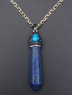 LAPIS AND TURQUOISE PENDANT ON STERLING SILVER CHAIN NECKLACE VINTAGE ANTIQUE: LAPIS AND TURQUOISE PENDANT ON STERLING SILVER CHAIN NECKLACE VINTAGE ANTIQUE