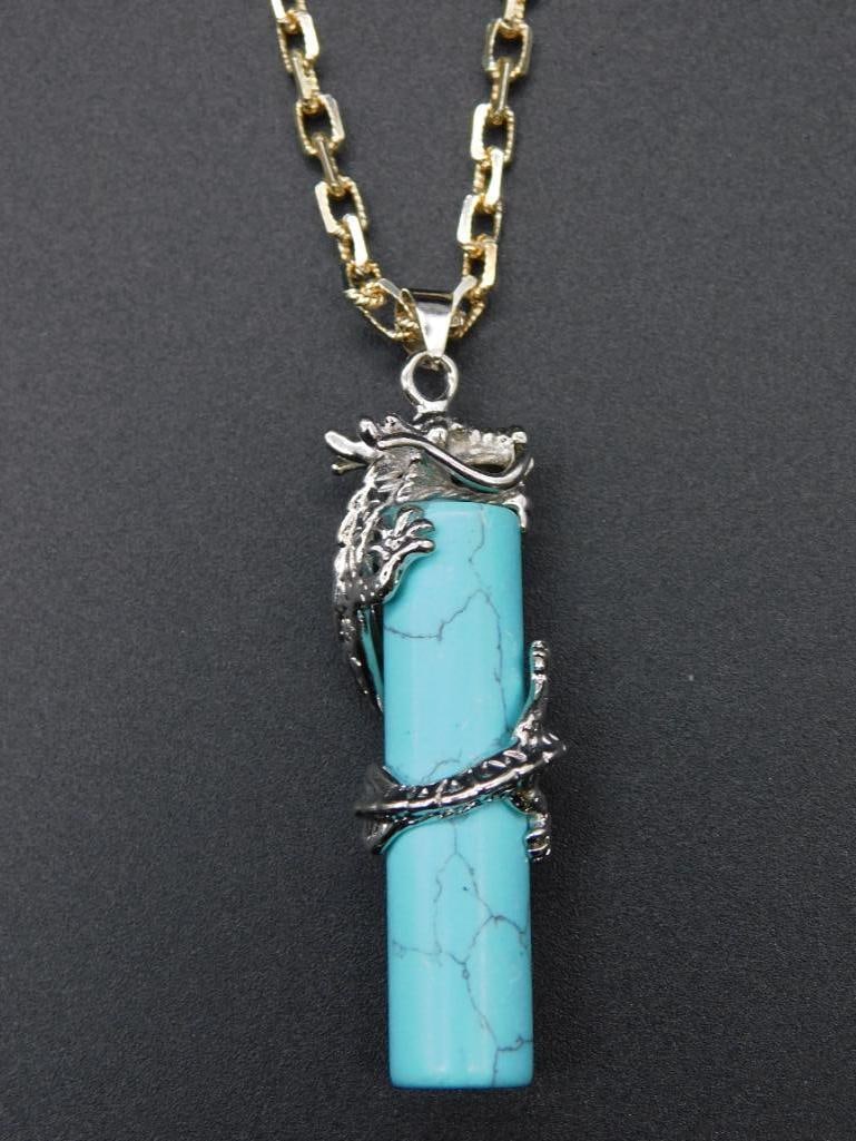 TURQUOISE DRAGON PENDANT ON CHAIN NECKLACE VINTAGE ANTIQUE: TURQUOISE DRAGON PENDANT ON CHAIN NECKLACE VINTAGE ANTIQUE