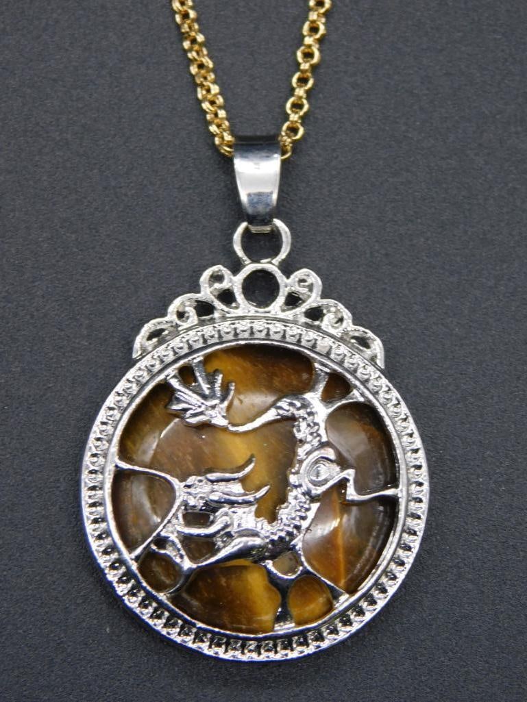 TIGER EYE DRAGON PENDANT ON CHAIN NECKLACE VINTAGE ANTIQUE: TIGER EYE DRAGON PENDANT ON CHAIN NECKLACE VINTAGE ANTIQUE