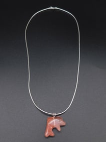 ROSE QUARTZ DOLPHIN PENDANT ON CHAIN NECKLACE VINTAGE ANTIQUE