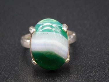 STERLING SILVER BANDED AGATE RING VINTAGE ANTIQUE