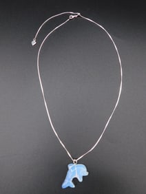 OPALITE DOLPHIN PENDANT ON STERLING SILVER ITALIAN BOX CHAIN NECKLACE VINTAGE ANTIQUE