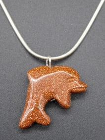 GOLDSTONE DOLPHIN PENDANT ON STERLING SILVER NECKLACE VINTAGE ANTIQUE